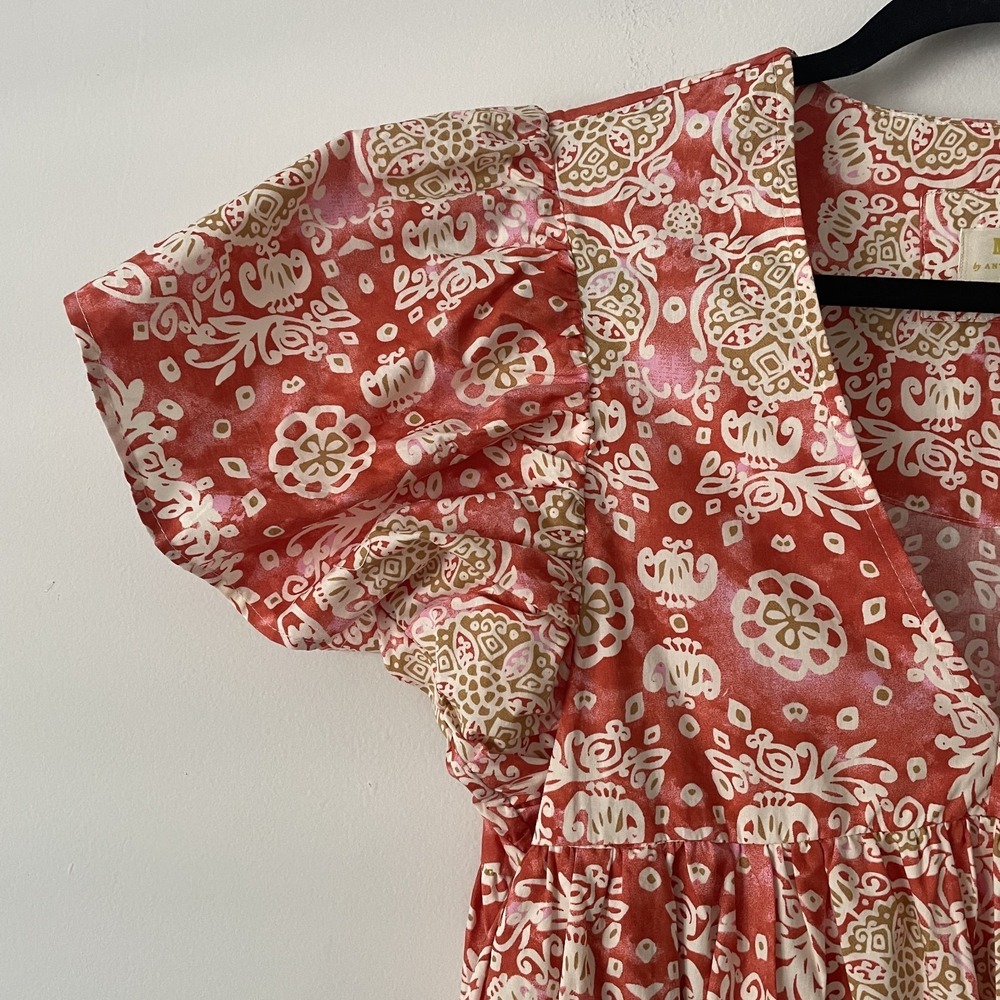 Maeve Babydoll Flutter Sleeve Printed Midi Dress Sz S Boho Chic Cottage Pockets - Picture 6 of 11